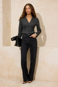 TRENDYOLMİLLA Anthracite Button Detailed V-neck Weaving Blouse