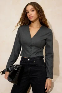 TRENDYOLMİLLA Anthracite Button Detailed V-neck Weaving Blouse - Image 2