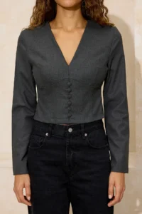 TRENDYOLMİLLA Anthracite Button Detailed V-neck Weaving Blouse - Image 3