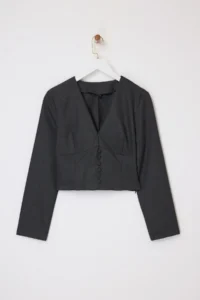 TRENDYOLMİLLA Anthracite Button Detailed V-neck Weaving Blouse - Image 5