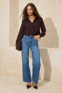 TRENDYOLMİLLA Brown Gather Detailed Matte Satin Weaving Blouse - Image 2
