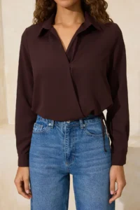 TRENDYOLMİLLA Brown Gather Detailed Matte Satin Weaving Blouse - Image 3