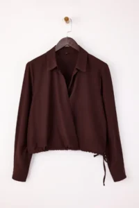 TRENDYOLMİLLA Brown Gather Detailed Matte Satin Weaving Blouse - Image 5