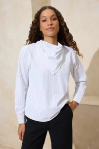 TRENDYOLMİLLA Black-White Striped Scarf Detailed Weaving Blouse - Image 2