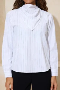 TRENDYOLMİLLA Black-White Striped Scarf Detailed Weaving Blouse - Image 3