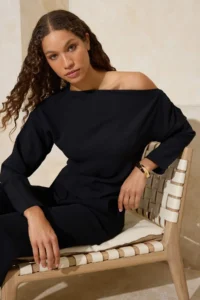 TRENDYOLMİLLA Black Boat Neck Narrow Pattern Crepe Weaving Blouse - Image 2