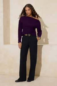 TRENDYOLMİLLA Purple Boat Neck Narrow Pattern Crepe Weaving Blouse - Image 2