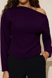 TRENDYOLMİLLA Purple Boat Neck Narrow Pattern Crepe Weaving Blouse - Image 3