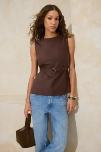 TRENDYOLMİLLA Brown Arched Weaving Suede Blouse - Image 2