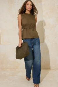 TRENDYOLMİLLA Khaki Arched Weaving Suede Blouse