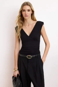 TRENDYOLMİLLA Black Fitted V-neck Sleeveless Shirred Soft Knitting Blouse