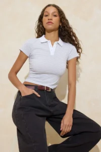 TRENDYOLMİLLA Light Gray Striped Fitted Polo Shirt Collar Short Sleeve 100% Cotton Knitting Blouse - Image 2