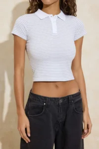 TRENDYOLMİLLA Light Gray Striped Fitted Polo Shirt Collar Short Sleeve 100% Cotton Knitting Blouse - Image 3