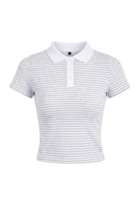 TRENDYOLMİLLA Light Gray Striped Fitted Polo Shirt Collar Short Sleeve 100% Cotton Knitting Blouse - Image 5