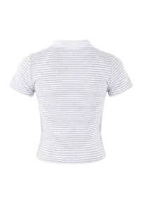 TRENDYOLMİLLA Light Gray Striped Fitted Polo Shirt Collar Short Sleeve 100% Cotton Knitting Blouse - Image 6