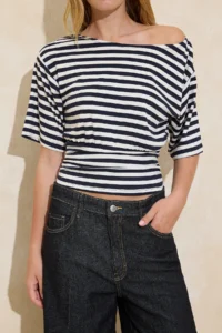 TRENDYOLMİLLA Navy Blue Striped Regular/Normal Pattern Asymmetric Collar Soft Knitting Blouse - Image 2