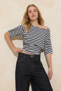 TRENDYOLMİLLA Navy Blue Striped Regular/Normal Pattern Asymmetric Collar Soft Knitting Blouse - Image 3