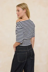 TRENDYOLMİLLA Navy Blue Striped Regular/Normal Pattern Asymmetric Collar Soft Knitting Blouse - Image 4