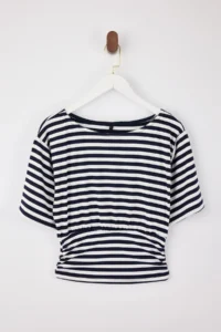 TRENDYOLMİLLA Navy Blue Striped Regular/Normal Pattern Asymmetric Collar Soft Knitting Blouse - Image 5