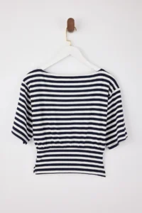 TRENDYOLMİLLA Navy Blue Striped Regular/Normal Pattern Asymmetric Collar Soft Knitting Blouse - Image 7