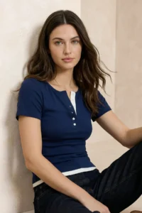 TRENDYOLMİLLA Navy Blue Color Blocked Fitted Short Sleeve Soft Knitting Blouse - Image 2