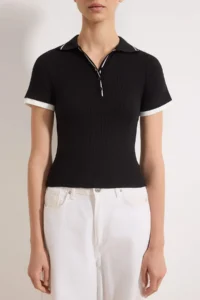 TRENDYOLMİLLA Black Fitted Polo Shirt Collar Short Sleeve Piped Ribbed Flexible Knitting Blouse - Image 3