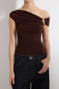 TRENDYOLMİLLA Brown Fitted Asymmetric Collar Accessory Detailed Flexible Knitting Blouse - Image 3