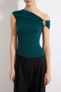 TRENDYOLMİLLA Petrol Blue Blue Blue Fitted Asymmetric Collar Accessory Detailed Flexible Knitting Blouse - Image 3