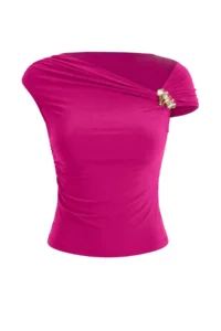 TRENDYOLMİLLA Fuchsia Fitted Asymmetric Collar Accessory Detailed Flexible Knitting Blouse - Image 5