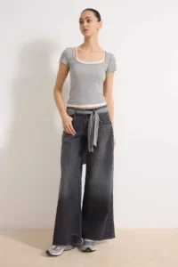 TRENDYOLMİLLA Gray Melange Color Blocked Fitted Garni Detailed Ribbed Flexible Knitting Blouse - Image 2