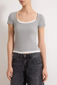 TRENDYOLMİLLA Gray Melange Color Blocked Fitted Garni Detailed Ribbed Flexible Knitting Blouse - Image 3