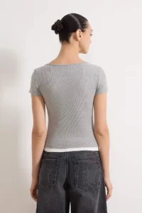TRENDYOLMİLLA Gray Melange Color Blocked Fitted Garni Detailed Ribbed Flexible Knitting Blouse - Image 4