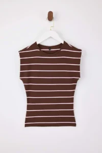 TRENDYOLMİLLA Wardrobe Essentials-Brown Striped Fitted Soft Knitting Blouse - Image 5