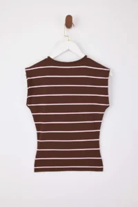 TRENDYOLMİLLA Wardrobe Essentials-Brown Striped Fitted Soft Knitting Blouse - Image 6