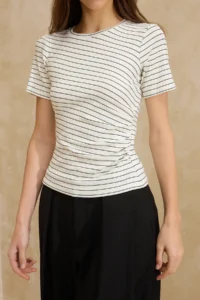 TRENDYOLMİLLA Ecru Striped Fitted Short Sleeve Shirred Soft Knitting Blouse - Image 3