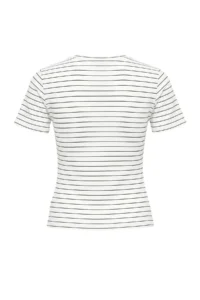 TRENDYOLMİLLA Ecru Striped Fitted Short Sleeve Shirred Soft Knitting Blouse - Image 7