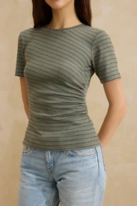 TRENDYOLMİLLA Mint Striped Fitted Short Sleeve Shirred Soft Knitting Blouse - Image 2
