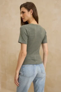 TRENDYOLMİLLA Mint Striped Fitted Short Sleeve Shirred Soft Knitting Blouse - Image 3