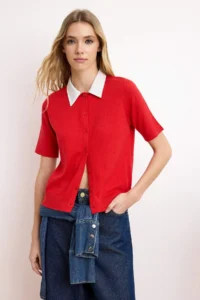 TRENDYOLMİLLA Limited Edition Rejection Shirt Collar Garnili Color Bloklu Thin Knitwear Thin Blouse