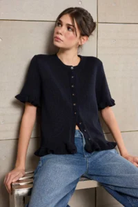 TRENDYOLMİLLA Teen Navy Blue Floral Button Detailed Crew Neck Knitwear Blouse - Image 2