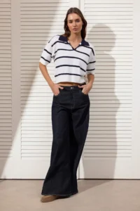 TRENDYOLMİLLA Navy Blue Polo Shirt Collar Striped Knitwear Blouse - Image 2