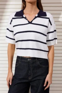 TRENDYOLMİLLA Navy Blue Polo Shirt Collar Striped Knitwear Blouse - Image 3