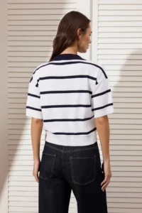 TRENDYOLMİLLA Navy Blue Polo Shirt Collar Striped Knitwear Blouse - Image 4