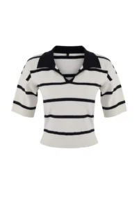 TRENDYOLMİLLA Navy Blue Polo Shirt Collar Striped Knitwear Blouse - Image 5