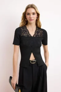 TRENDYOLMİLLA Black V-neck Lace Detailed Fitted Ribbed Knitwear Blouse
