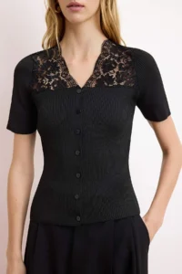 TRENDYOLMİLLA Black V-neck Lace Detailed Fitted Ribbed Knitwear Blouse - Image 3