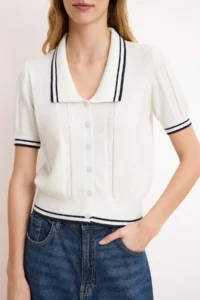 TRENDYOLMİLLA Ecru Polo Shirt Collar buttoned Short Sleeve Knitwear Blouse - Image 3