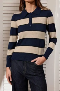 TRENDYOLMİLLA Navy Blue Glitter Thread Detailed Striped Polo Shirt Collar Knitwear Blouse - Image 3