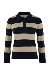 TRENDYOLMİLLA Navy Blue Glitter Thread Detailed Striped Polo Shirt Collar Knitwear Blouse - Image 5