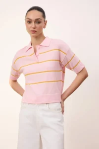 TRENDYOLMİLLA Pink Summer Yarn Striped Polo Shirt Collar Knitwear Blouse